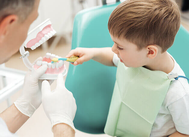 Ein junger Patient und der Zahnarzt putzen gemeinsam am Modell